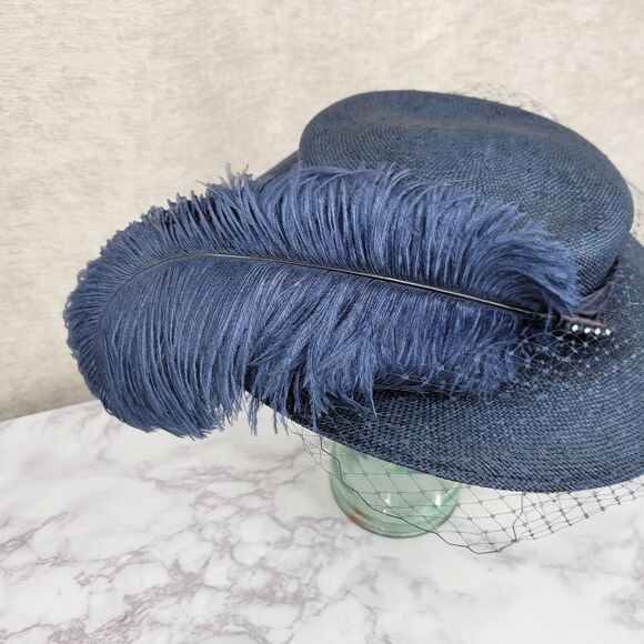 Mr Charles Vintage Navy Feathered Women's Hat With Net Veil Church Derby Straw - Picture 3 of 14